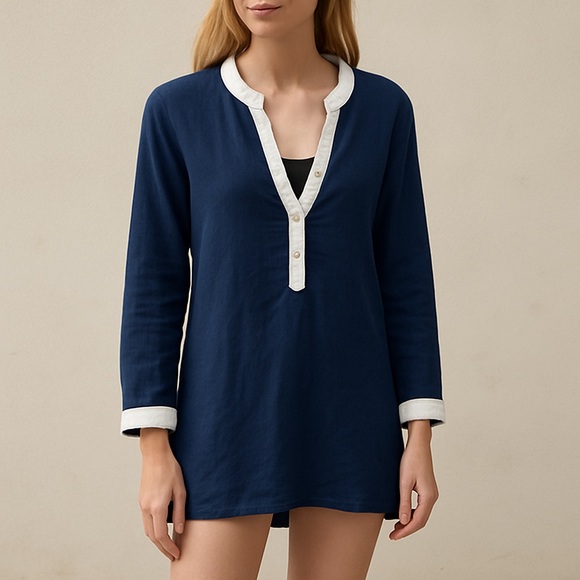 Madison Mathews 100% Linen Navy White Trim Tunic Top Beach Cover Up Size Small - Picture 1 of 6
